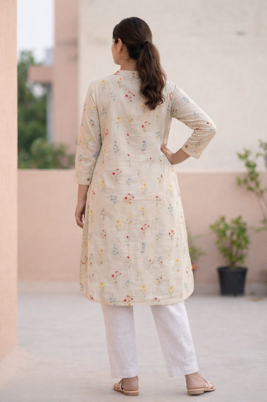 Off-White Multicolour Floral Embroidery Cotton Kurta
