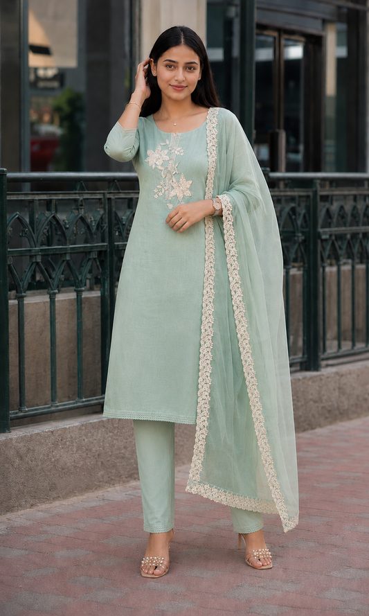 Unstitched aqua green embroidered cotton suit with dupatta