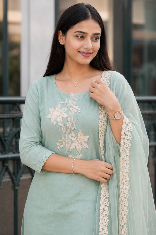 Unstitched aqua green embroidered cotton suit with dupatta