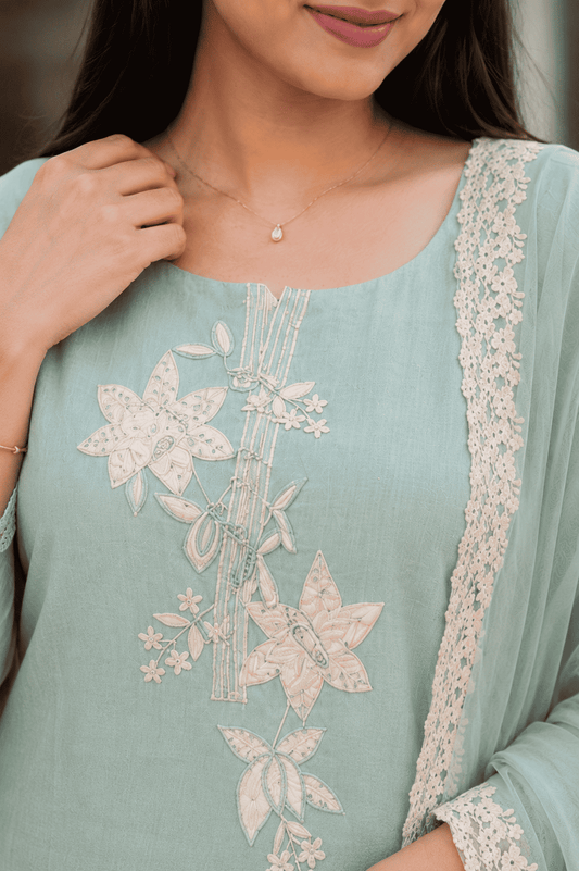 Unstitched aqua green embroidered cotton suit with dupatta