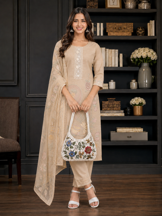 Unstitched Brown embroidered with artistic printed cotton suit set  with dupatta