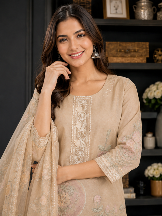 Unstitched Brown embroidered with artistic printed cotton suit set  with dupatta