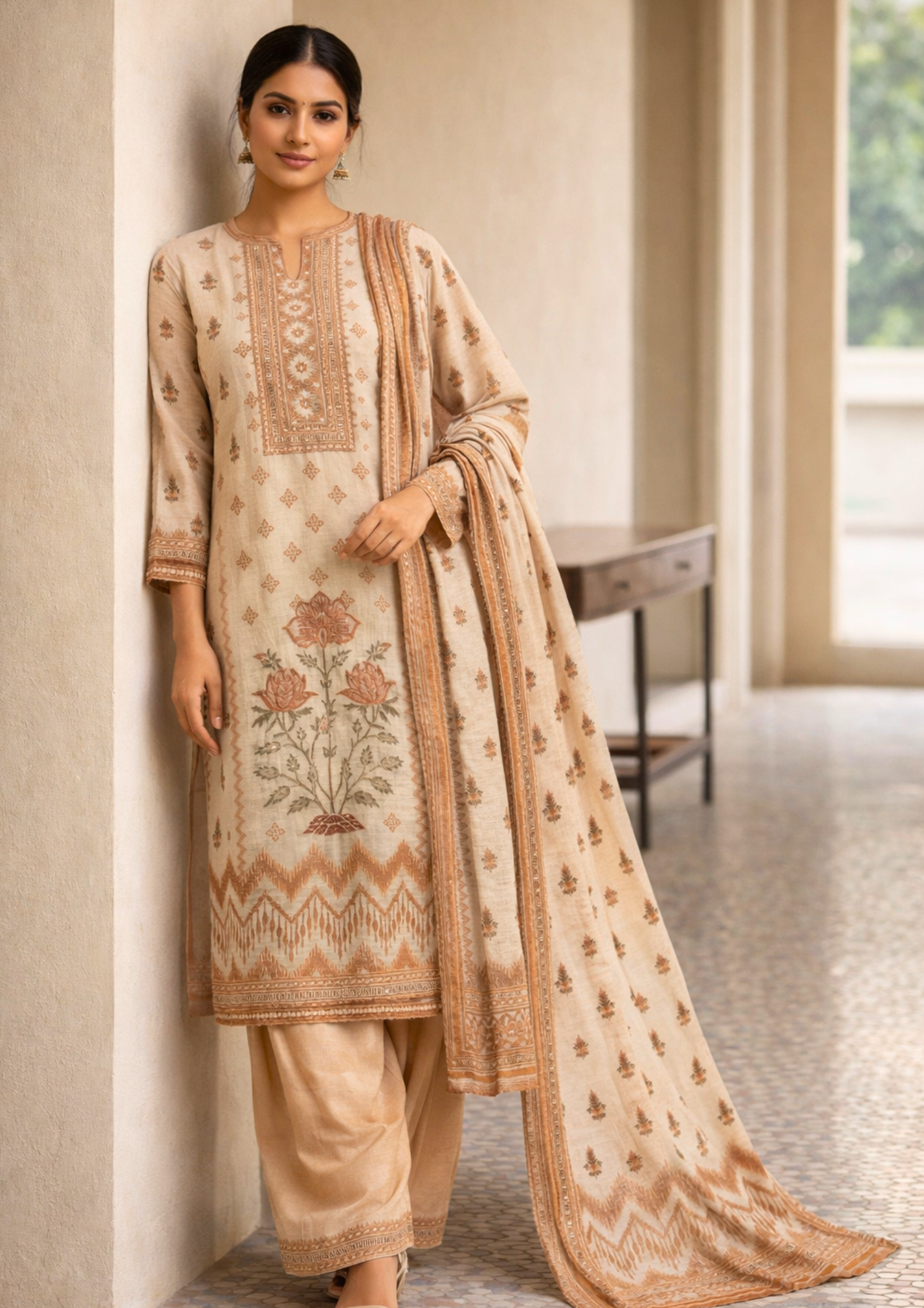 Unstitched brown printed cotton suit with dupatta
