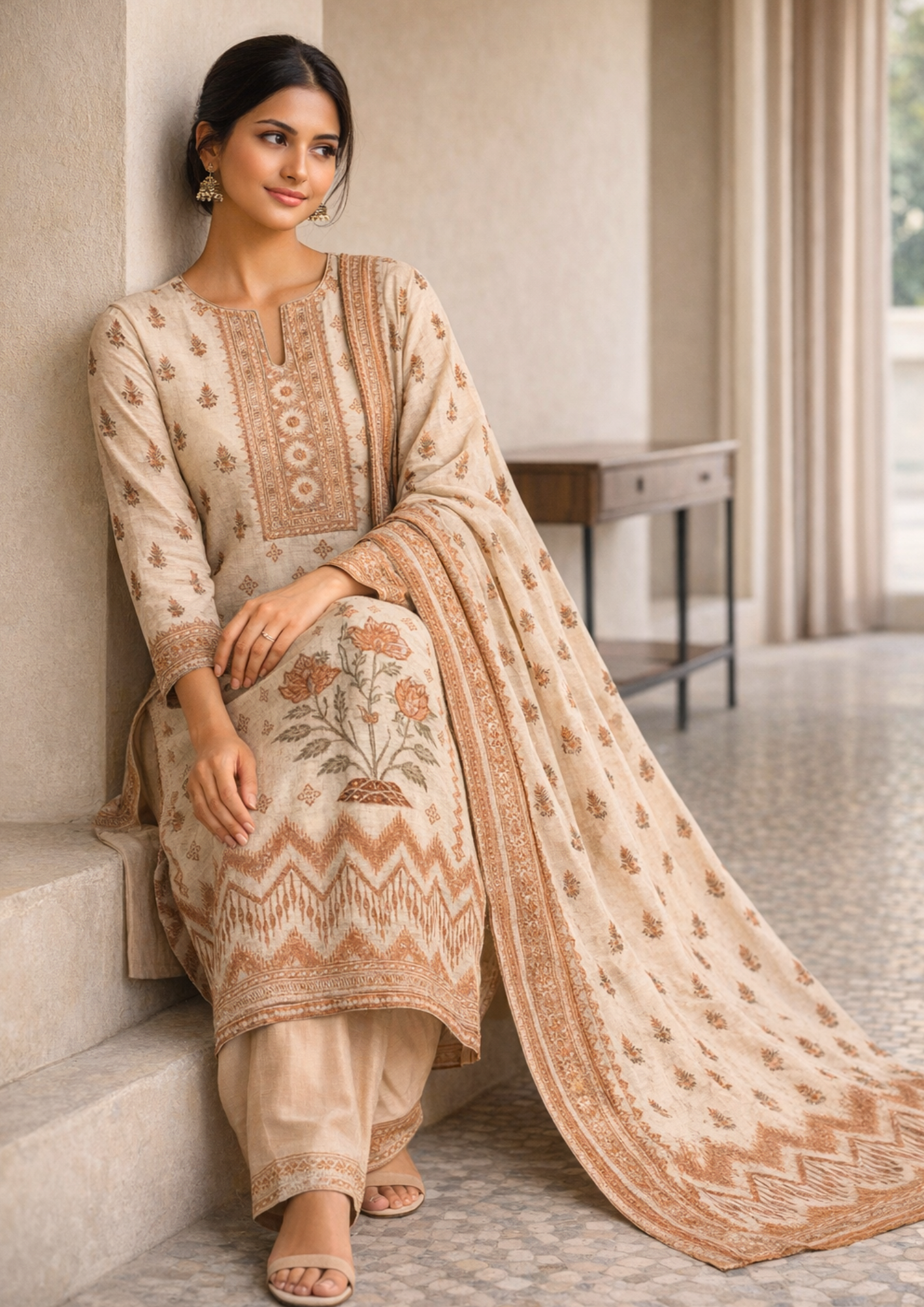 Unstitched brown printed cotton suit with dupatta