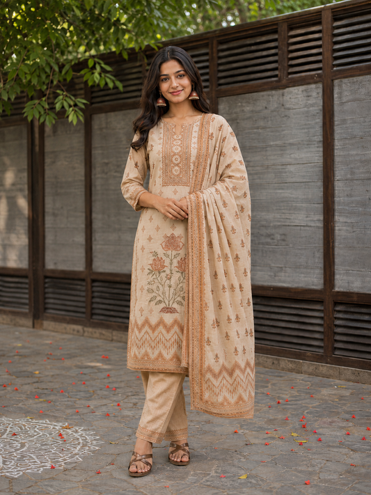 Unstitched brown printed cotton suit with dupatta