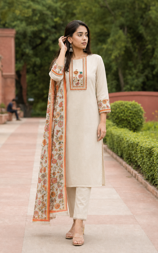 Unstitched cotton cream floral printed suit set with dupatta