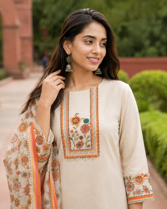 Unstitched cotton cream floral printed suit set with dupatta