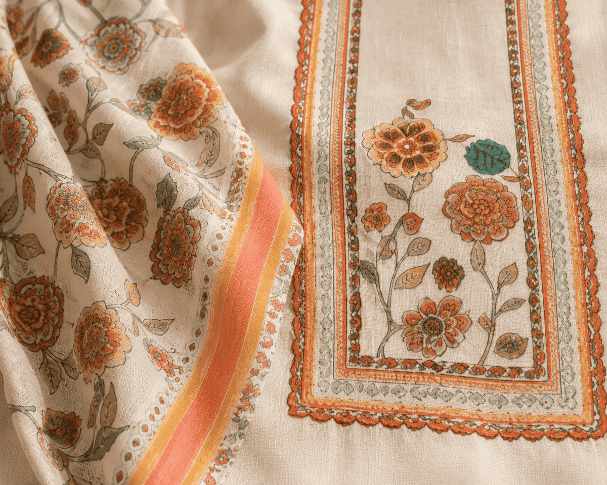 Unstitched cotton cream floral printed suit set with dupatta