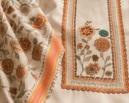 Unstitched cotton cream floral printed suit set with dupatta