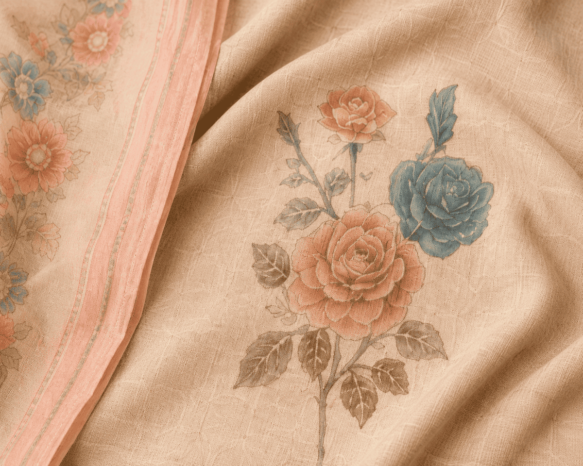 Unstitched cream cotton floral printed suit set with dupatta
