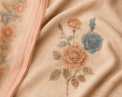 Unstitched cream cotton floral printed suit set with dupatta