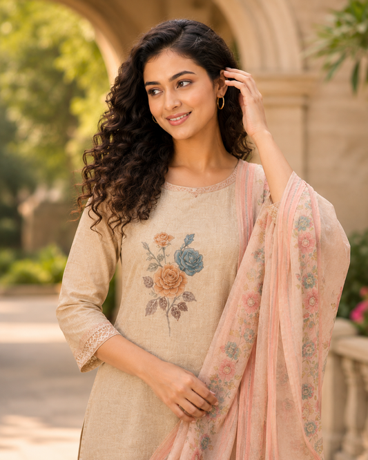 Unstitched cream cotton floral printed suit set with dupatta