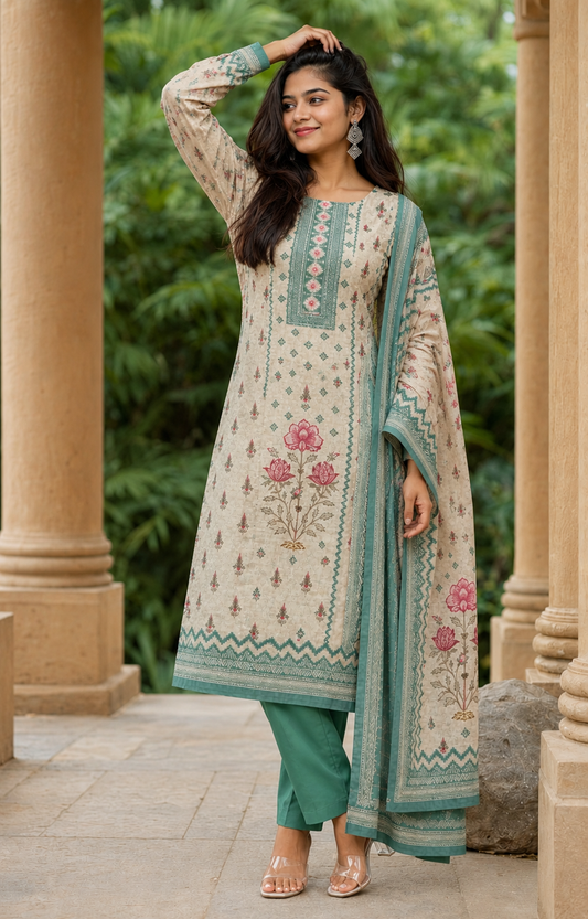 Unstitched green printed cotton suit with dupatta