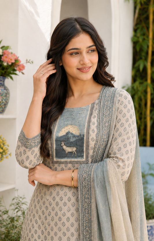 Unstitched offwhite with Blue print cotton suit set with dupatta