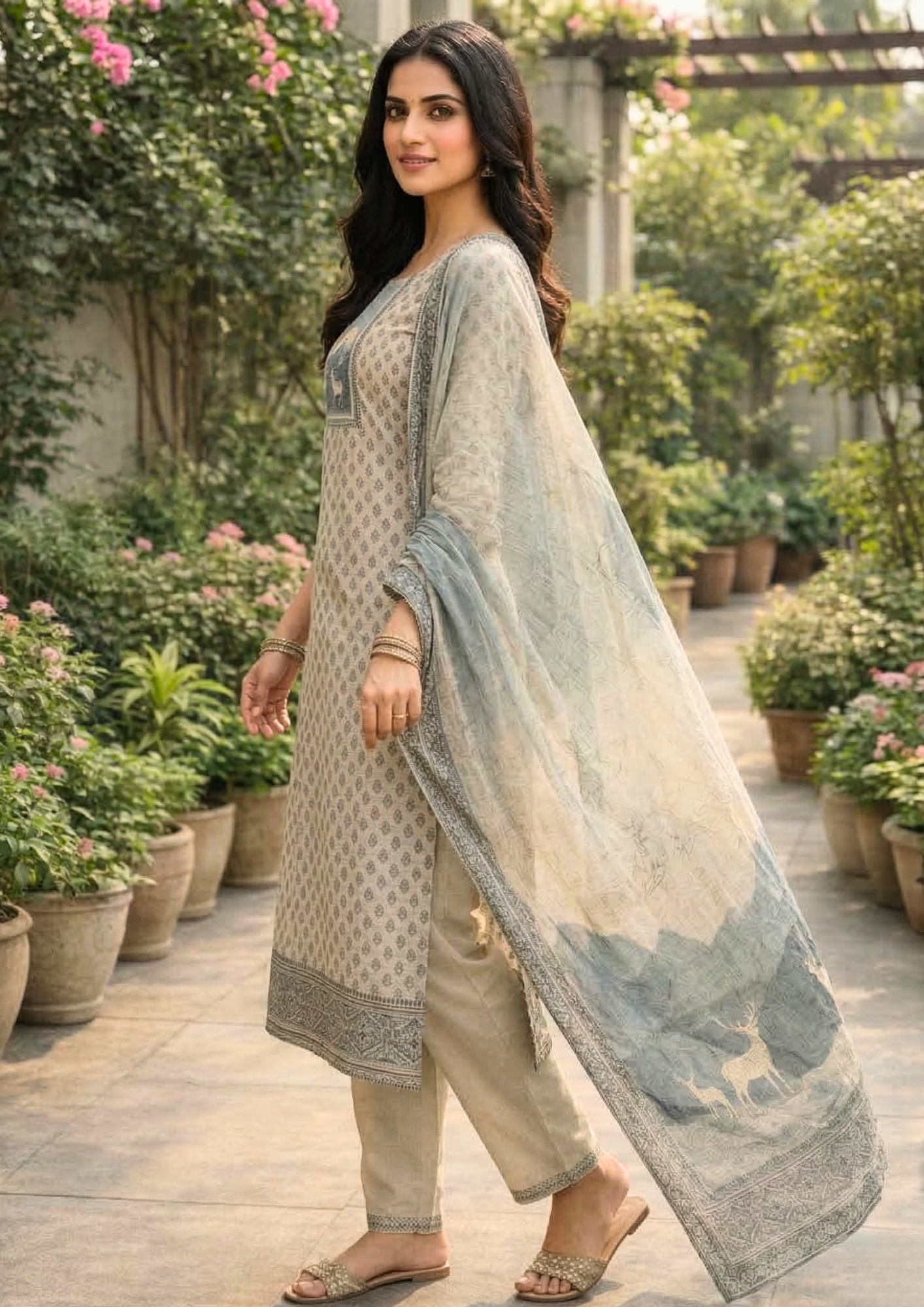 Unstitched offwhite with Blue print cotton suit set with dupatta