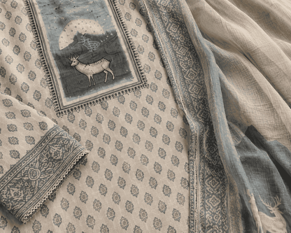 Unstitched offwhite with Blue print cotton suit set with dupatta