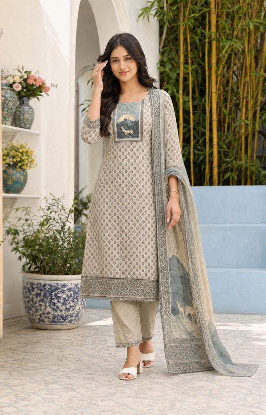 Unstitched offwhite with Blue print cotton suit set with dupatta
