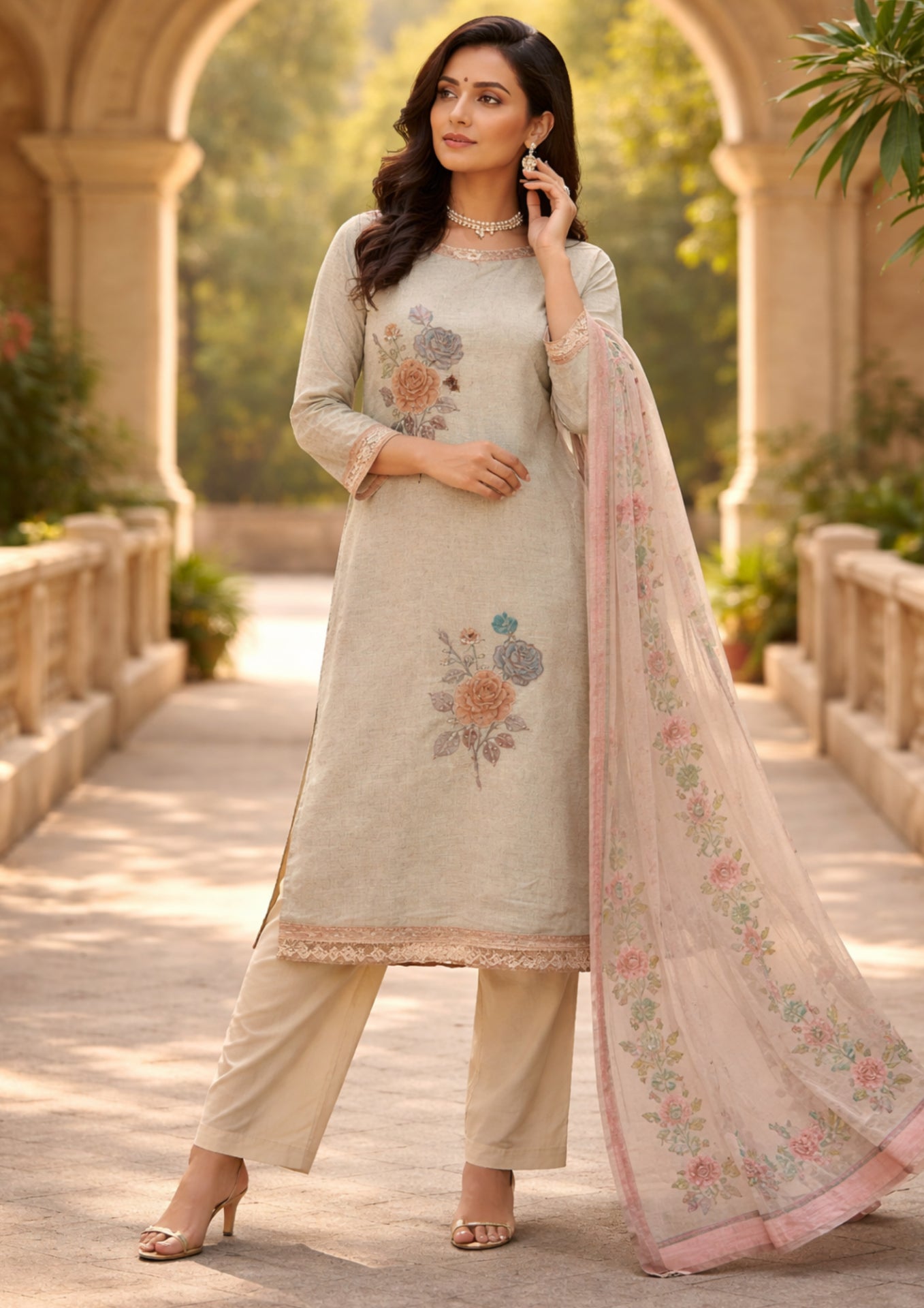 Unstitched cream cotton floral printed suit set with dupatta