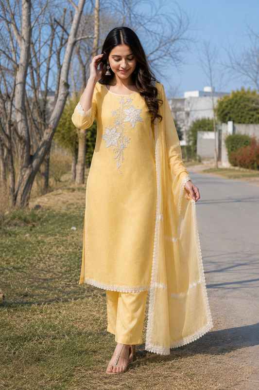 Unstitched lime embroidered cotton suit with dupatta
