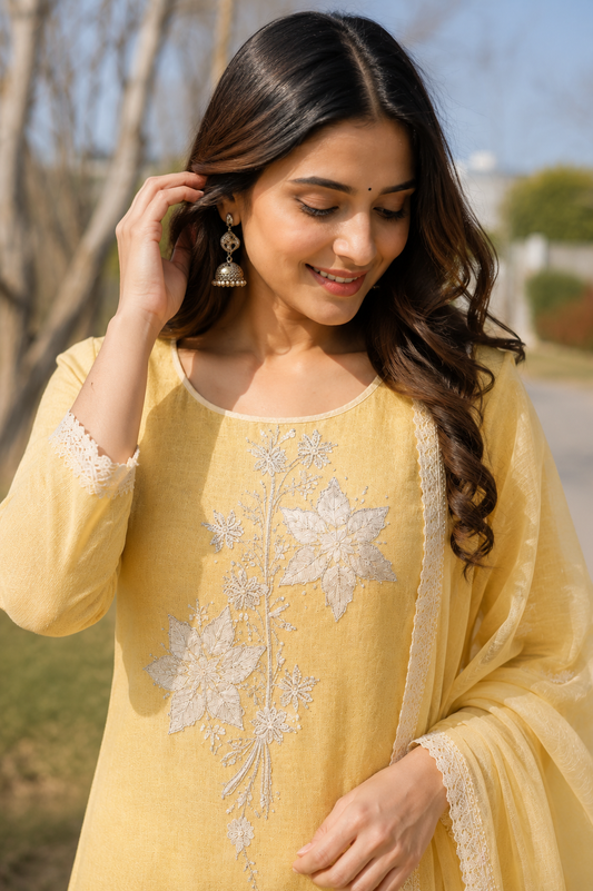 Unstitched lime embroidered cotton suit with dupatta