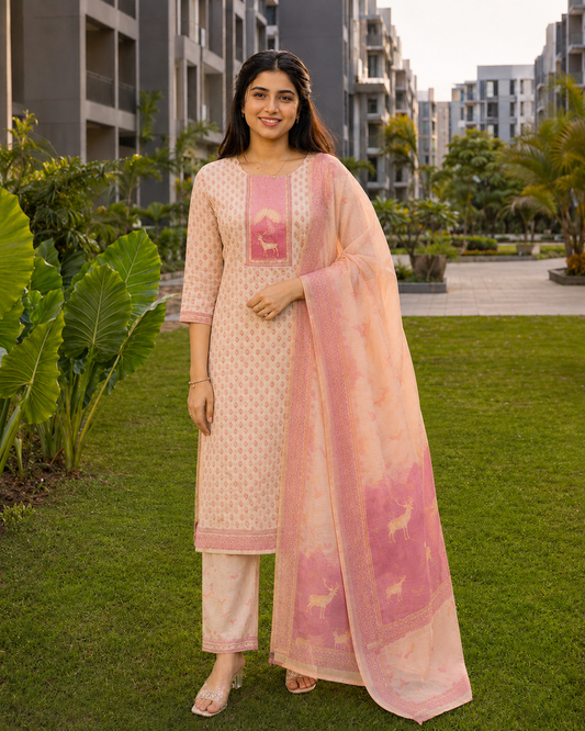 Unstitched offwhite with pink print cotton suit set with dupatta