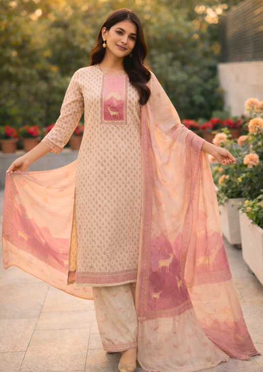 Unstitched offwhite with pink print cotton suit set with dupatta