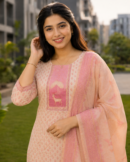 Unstitched offwhite with pink print cotton suit set with dupatta