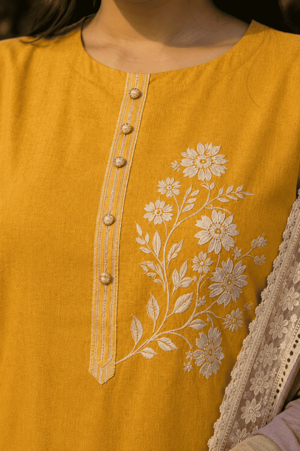 Unstitched mustard embroidered cotton suit set with a contrasting dupatta