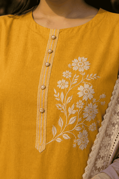 Unstitched mustard embroidered cotton suit set with a contrasting dupatta