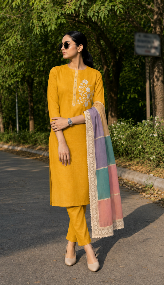 Unstitched mustard embroidered cotton suit set with a contrasting dupatta