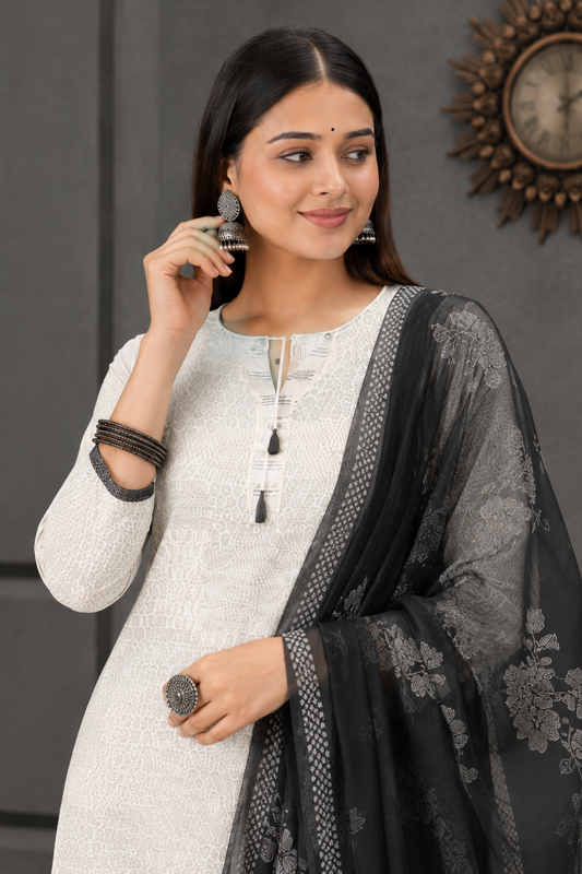 Unstitched sage grey cotton floral printed suit set with charcoal black dupatta