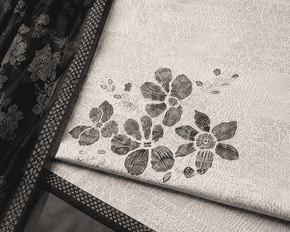 Unstitched sage grey cotton floral printed suit set with charcoal black dupatta
