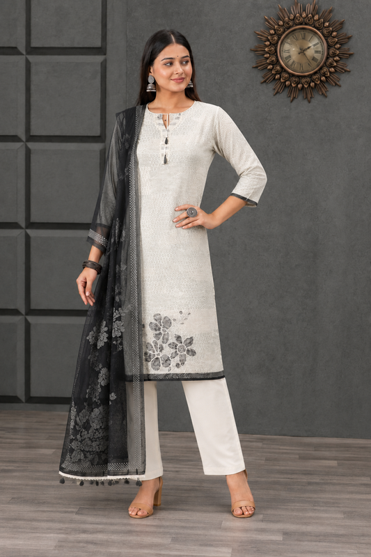 Unstitched sage grey cotton floral printed suit set with charcoal black dupatta
