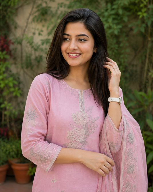 Unstitched pink embroidered cotton slub suit set with dupatta
