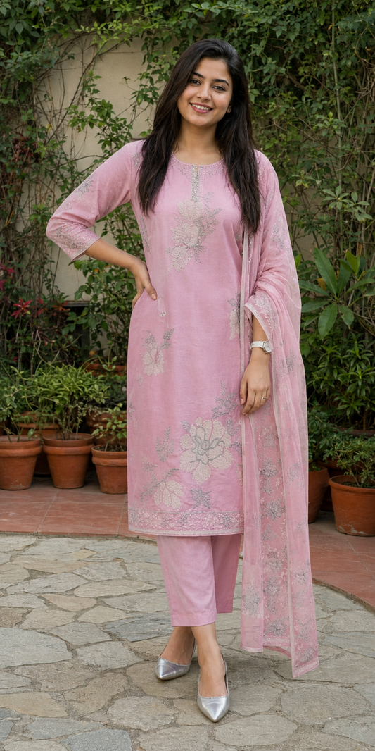 Unstitched pink embroidered cotton slub suit set with dupatta