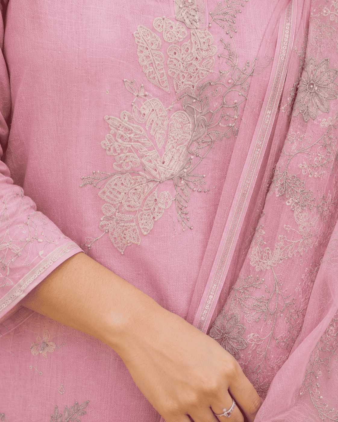 Unstitched pink embroidered cotton slub suit set with dupatta
