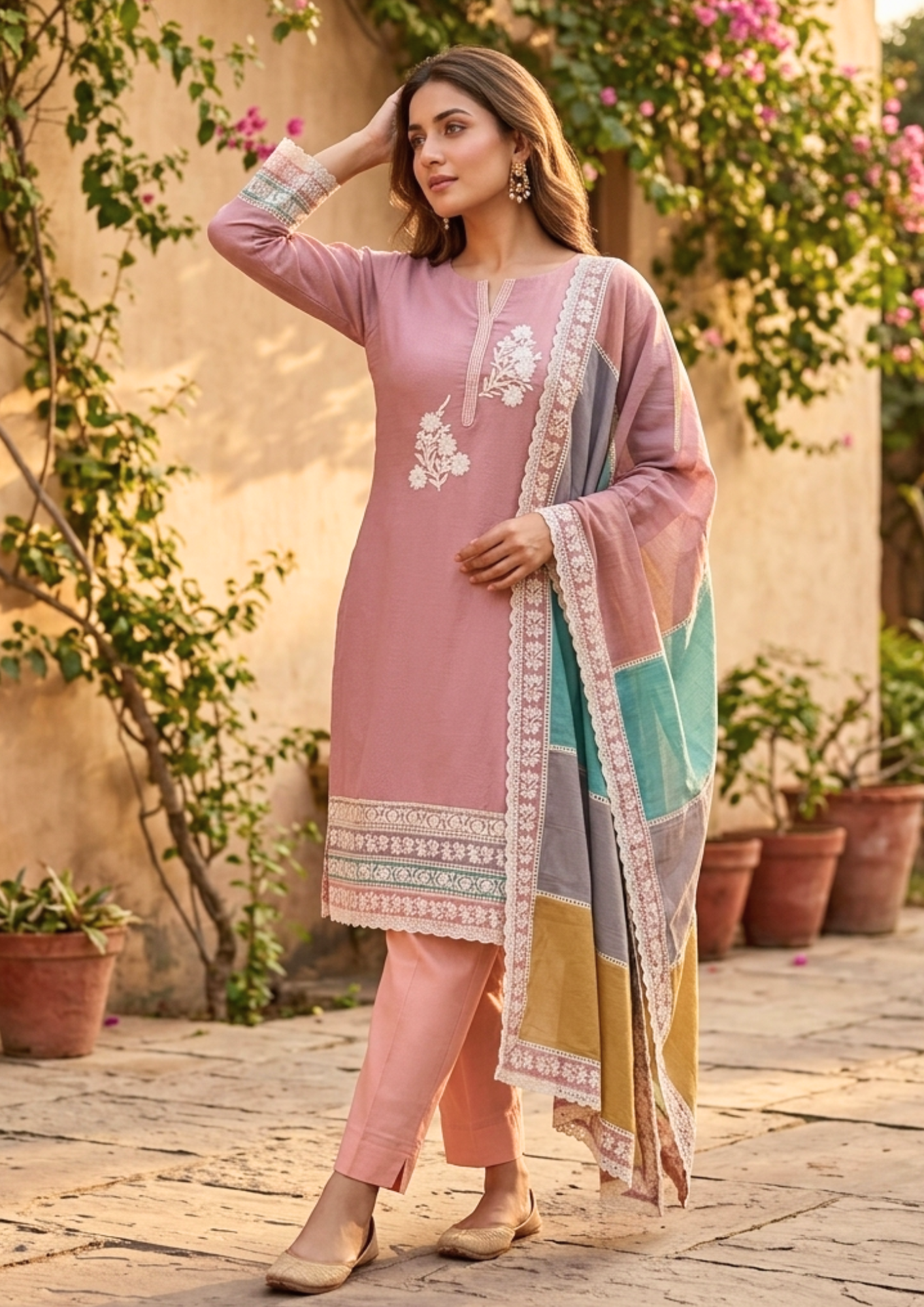 Unstitched pastel pink embroidered cotton suit set with a contrasting dupatta