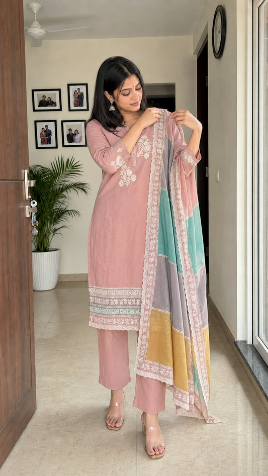 Unstitched pastel pink embroidered cotton suit set with a contrasting dupatta