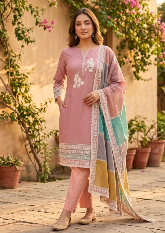 Unstitched pastel pink embroidered cotton suit set with a contrasting dupatta