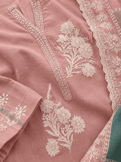 Unstitched pastel pink embroidered cotton suit set with a contrasting dupatta
