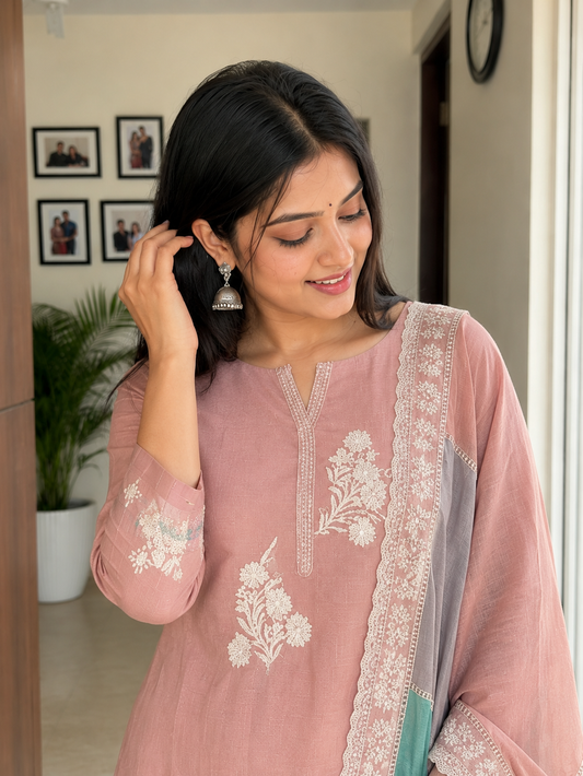 Unstitched pastel pink embroidered cotton suit set with a contrasting dupatta