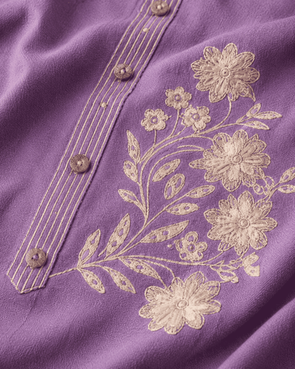 Unstitched purple embroidered cotton suit set with a contrasting dupatta