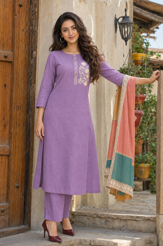 Unstitched purple embroidered cotton suit set with a contrasting dupatta