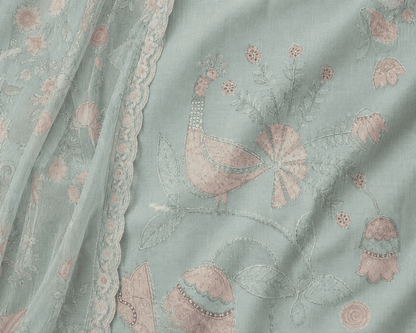 Unstitched Sea green embroidered with artistic printed cotton suit set  with dupatta