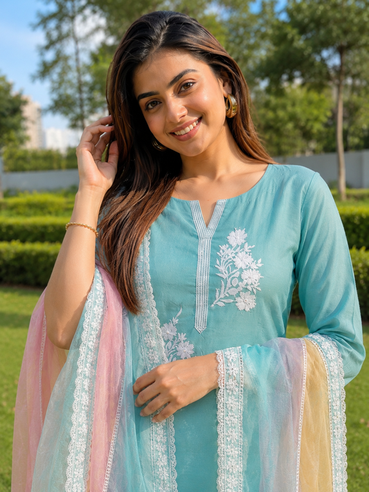 Unstitched sea green embroidered cotton suit set with a contrasting dupatta