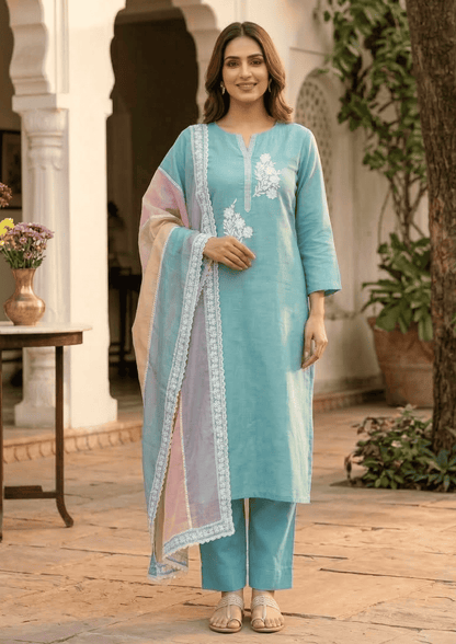 Unstitched sea green embroidered cotton suit set with a contrasting dupatta