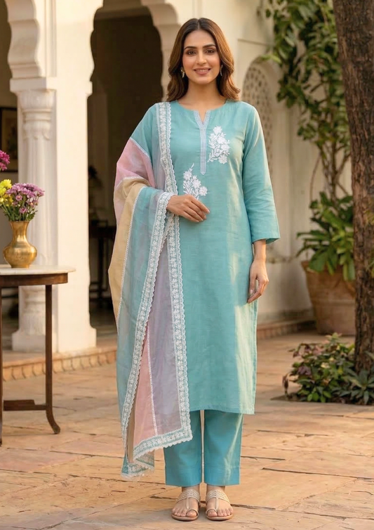 Unstitched sea green embroidered cotton suit set with a contrasting dupatta