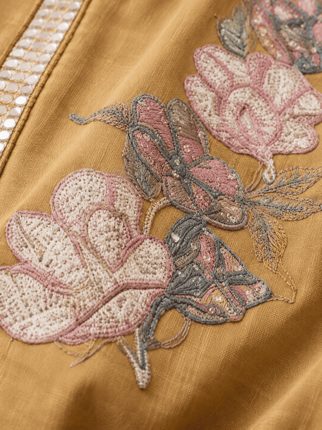 Unstitched yellow embroidered cotton slub suit set with dupatta