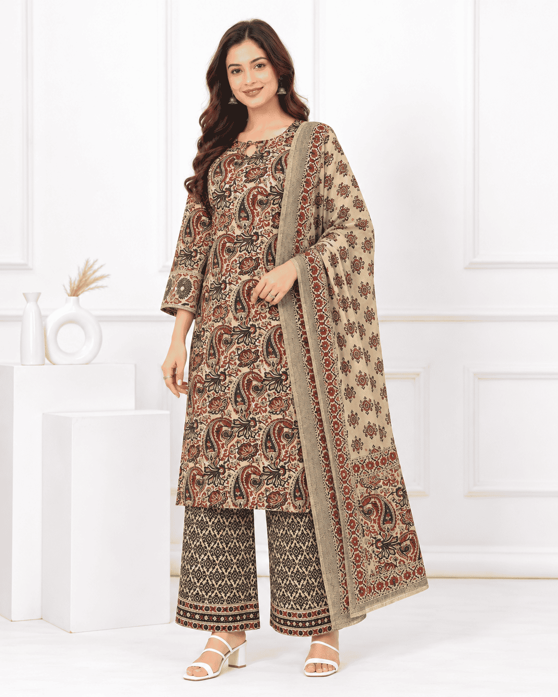 Ivory, Maroon & Deep Indigo Printed Cotton Blend Kurta Pant and Dupatta