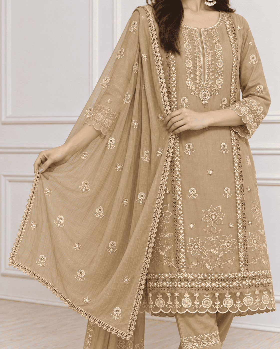 Beige Floral Embroidered Mul Cotton Kurta Pant With Dupatta